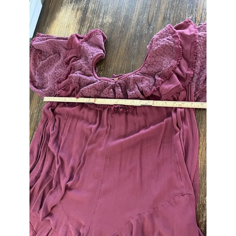 Free People Rush For Ruffles Romper Burgundy Boho Ruffle Lace Size M